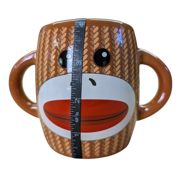 Sock Monkey Face Mug Double Handle Brown Red White 4" Tall - Picture 10 of 11